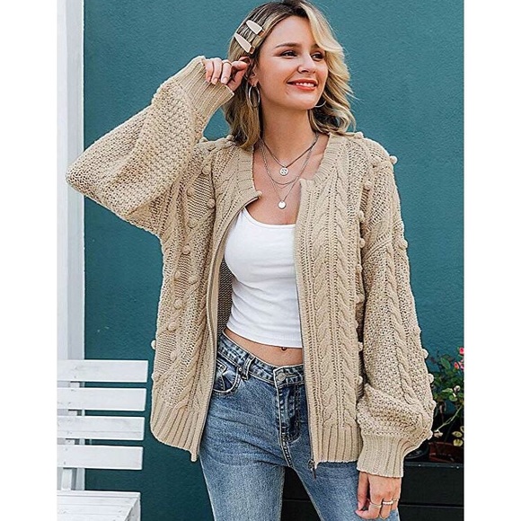 Sweaters - Beige Zipper Sweater Cardigan
